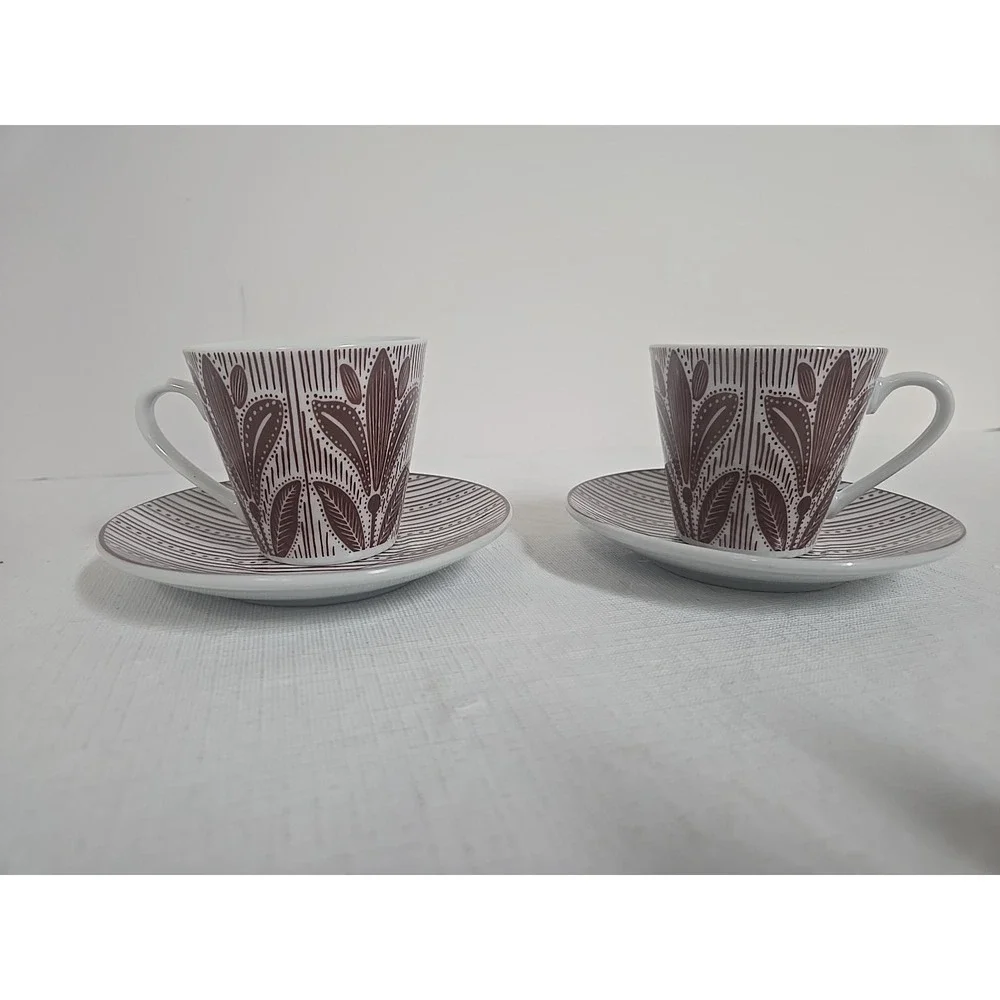 English Home Tulipe Burgundy Espresso Cups Saucers Set of‎ 2 Turkish Coffee